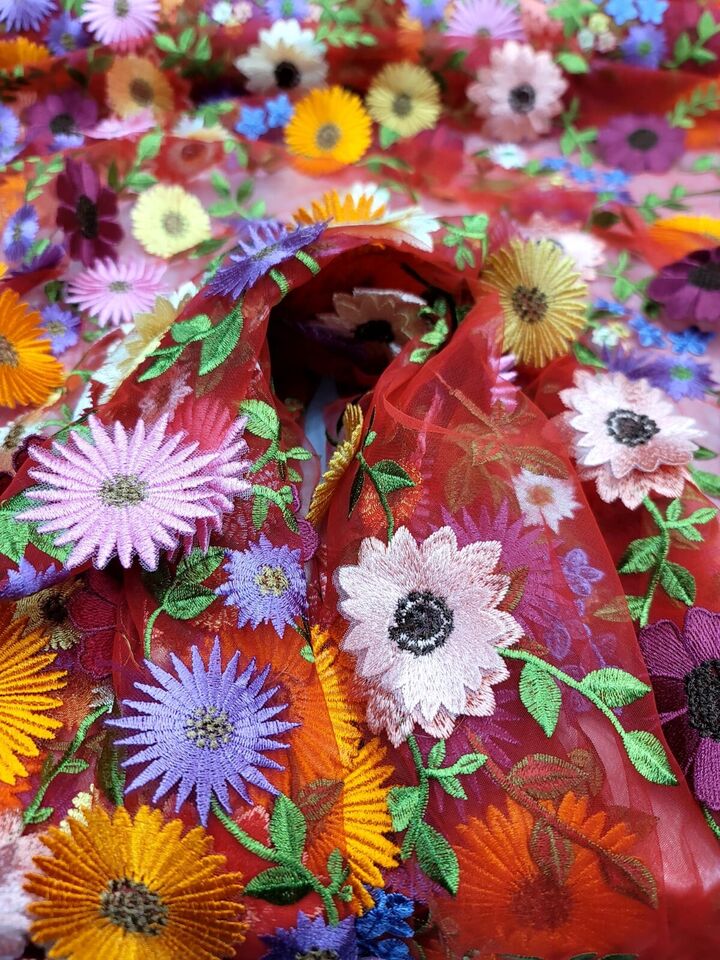 3D Flower Lace Fabric Red Mesh Multicolor
