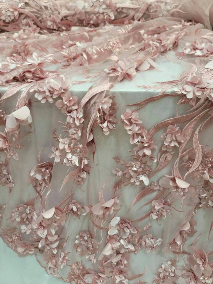 3D Floral Lace Dusty Rose Embroidered with Pearls