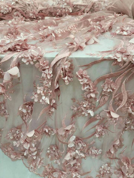 3D Floral Lace Dusty Rose Embroidered with Pearls