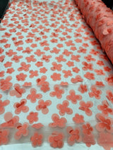 3D Floral Lace Fabric Coral with Butterflies