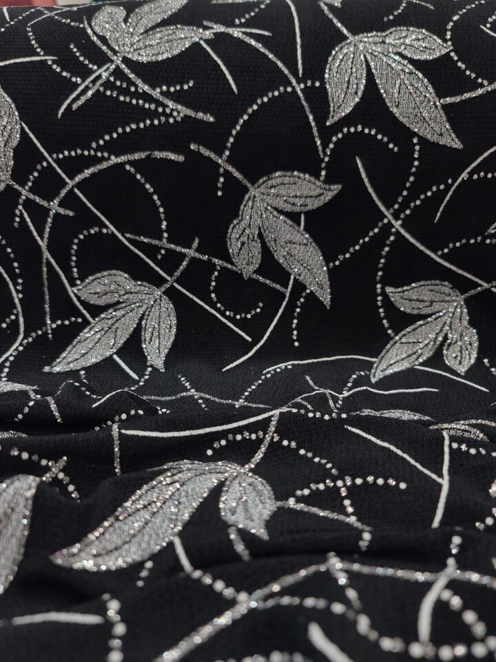Silver Glitter Floral Black Spandex Fabric