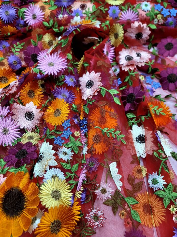 3D Flower Lace Fabric Red Mesh Multicolor