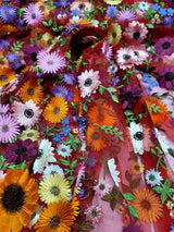 3D Flower Lace Fabric Red Mesh Multicolor