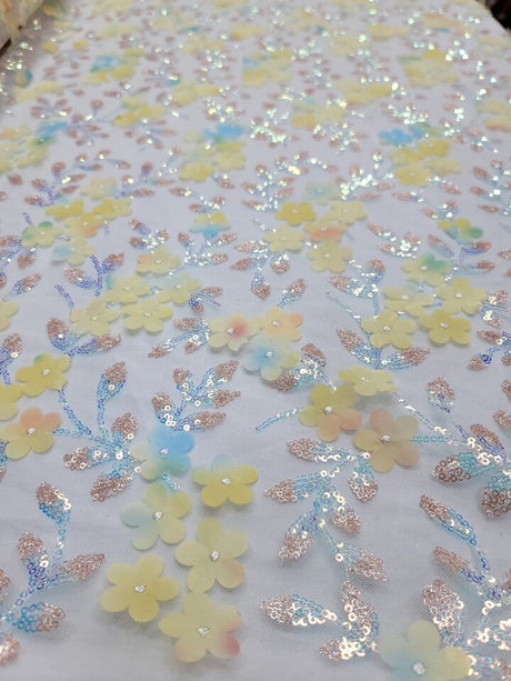 3D Floral Sequin Lace Fabric Yellow