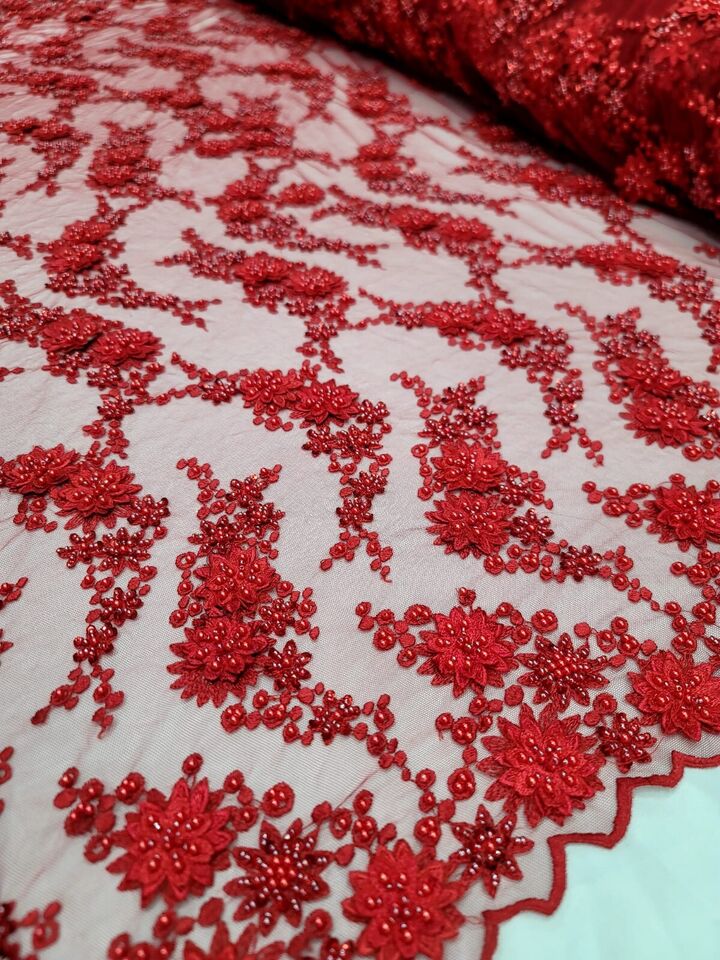 3D Floral Beaded Lace Red