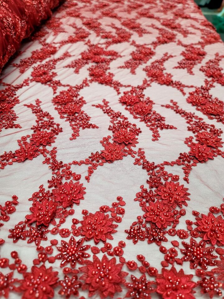3D Floral Beaded Lace Red