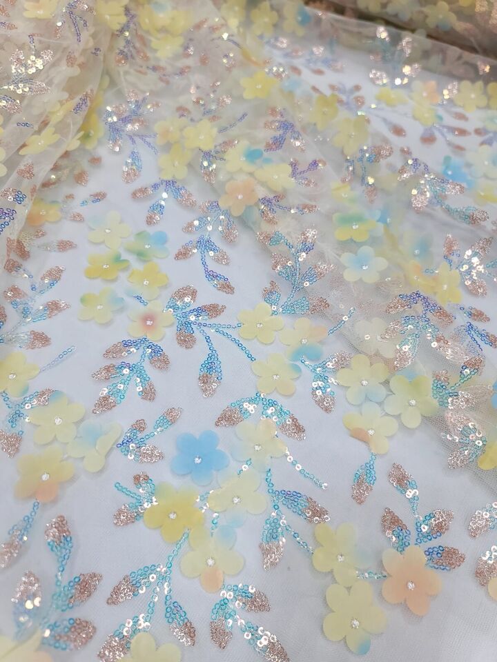 3D Floral Sequin Lace Fabric Yellow