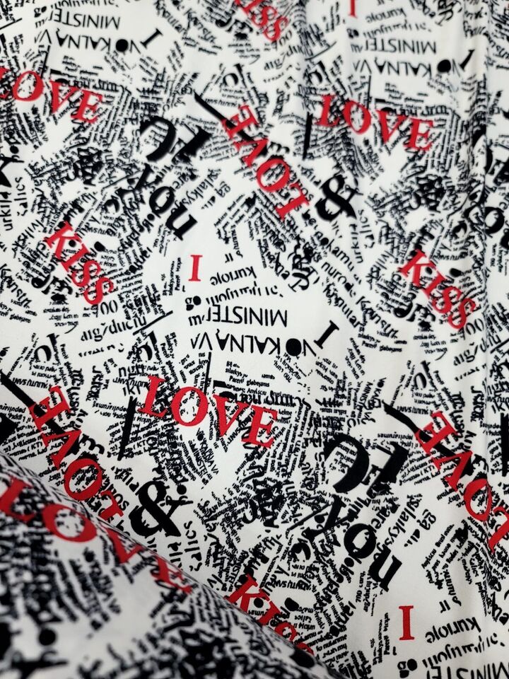 Rayon Jersey Spandex Knit Fabric - Newspaper Love Kiss Print