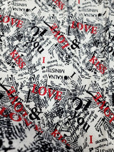 Rayon Jersey Spandex Knit Fabric - Newspaper Love Kiss Print