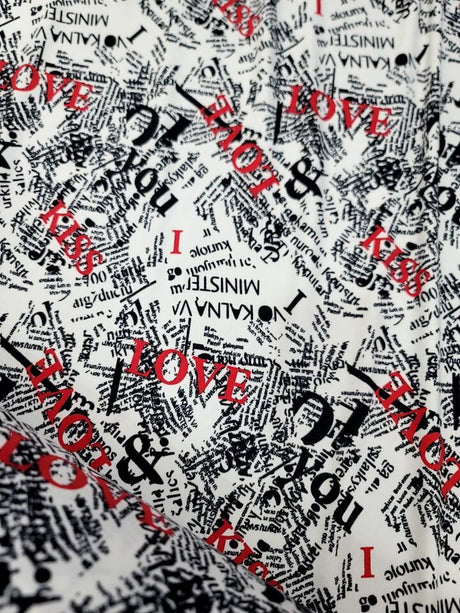 Rayon Jersey Spandex Knit Fabric - Newspaper Love Kiss Print