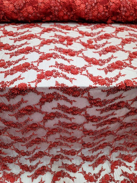 3D Floral Beaded Lace Red