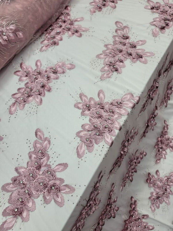 3D Floral Lace Fabric Dusty Rose Mauve