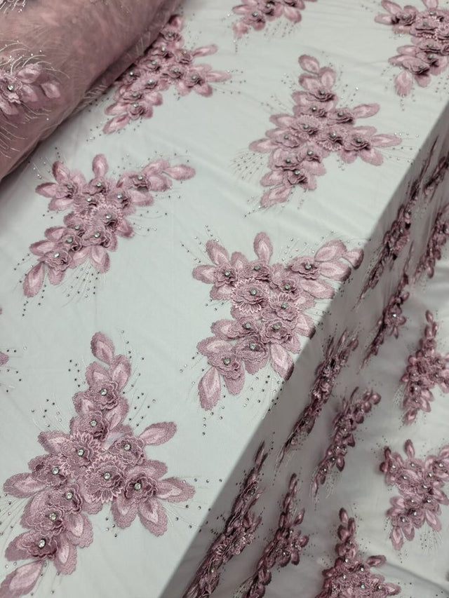 3D Floral Lace Fabric Dusty Rose Mauve