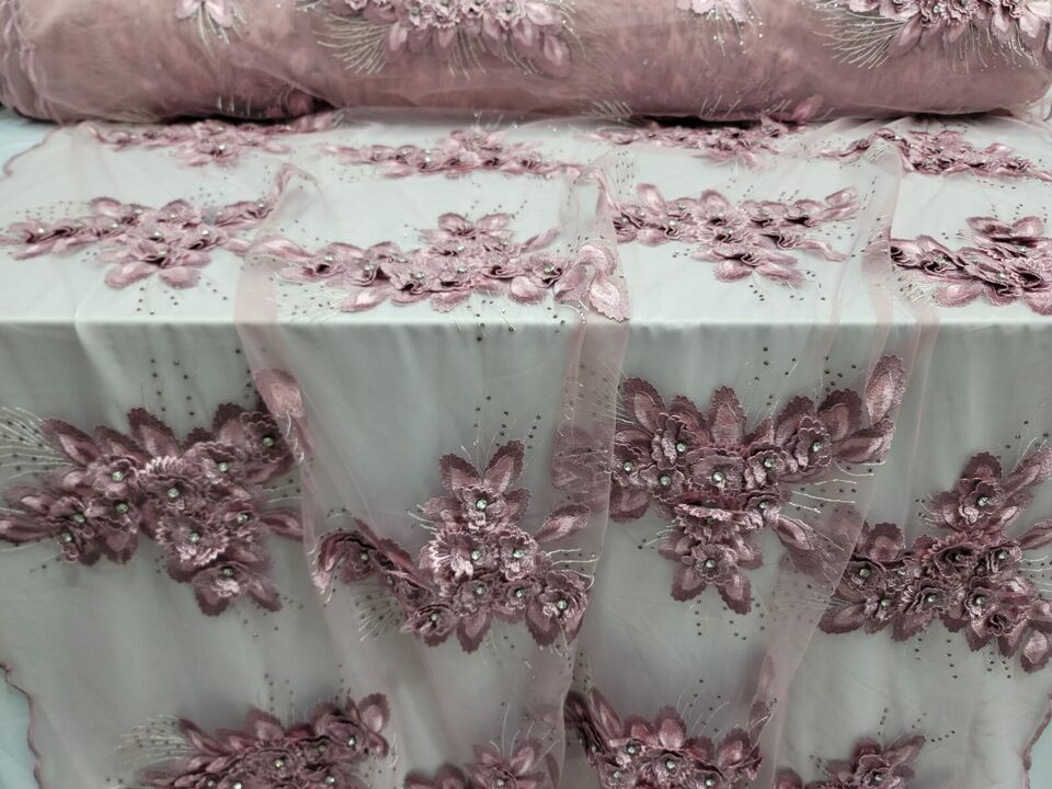 3D Floral Lace Fabric Dusty Rose Mauve