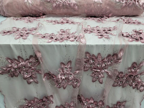 3D Floral Lace Fabric Dusty Rose Mauve