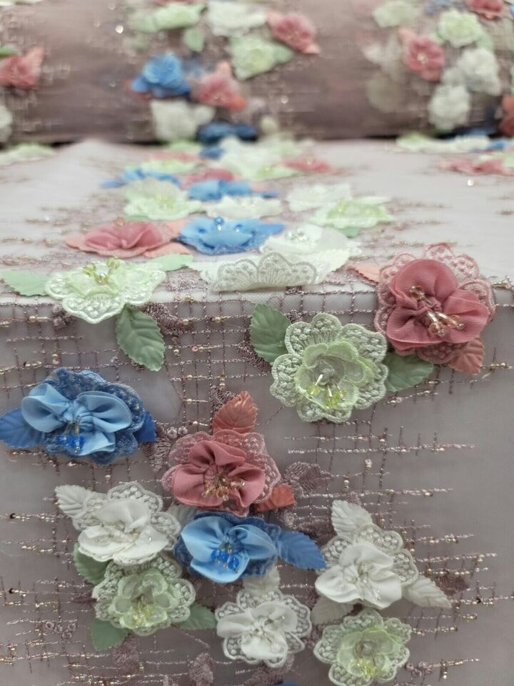 3D Beaded Lace Dusty Rose Blue Sage Floral