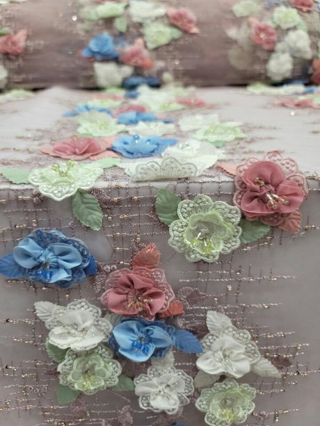 3D Beaded Lace Dusty Rose Blue Sage Floral