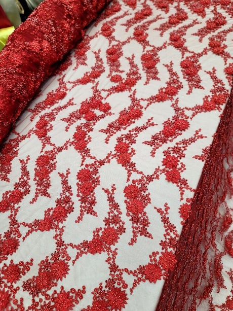 3D Floral Beaded Lace Red