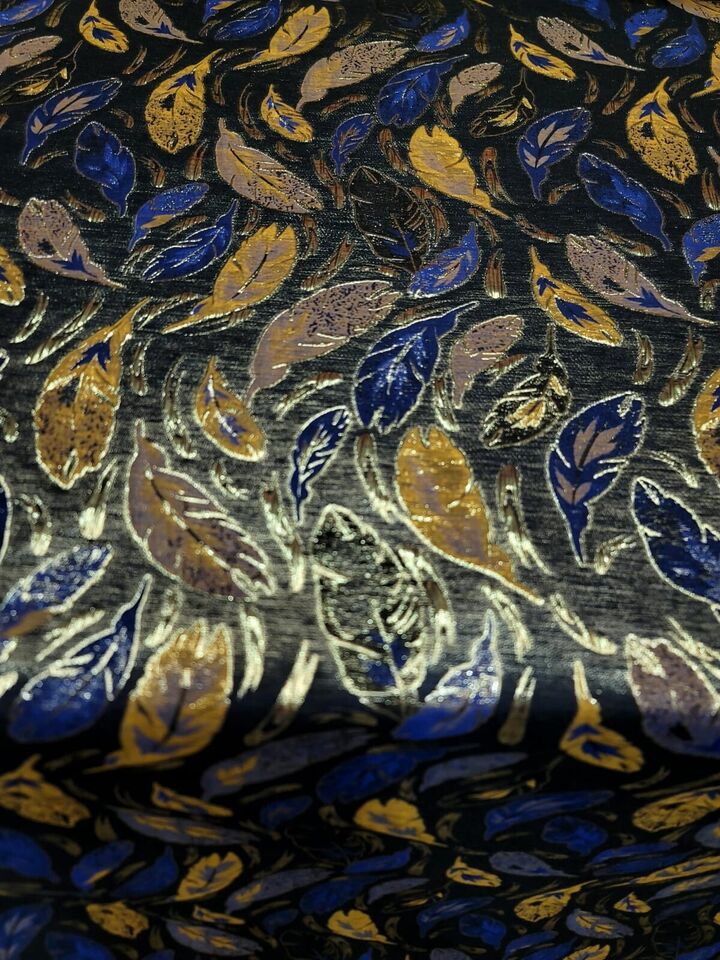 Brocade Jacquard Navy Blue Leaves Gold