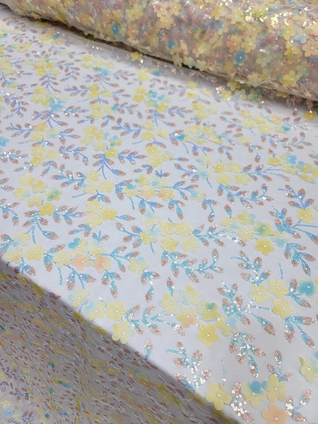 3D Floral Sequin Lace Fabric Yellow