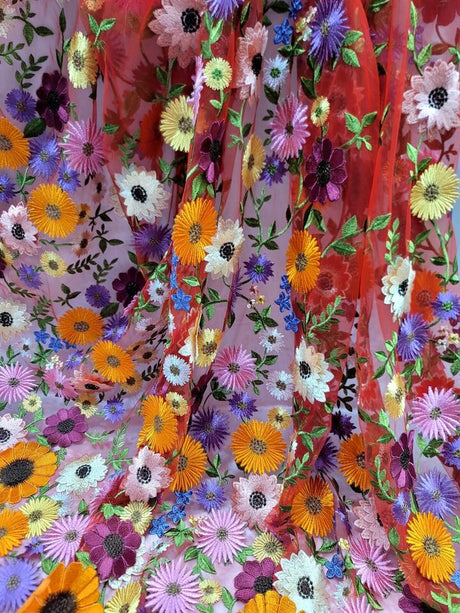 3D Flower Lace Fabric Red Mesh Multicolor