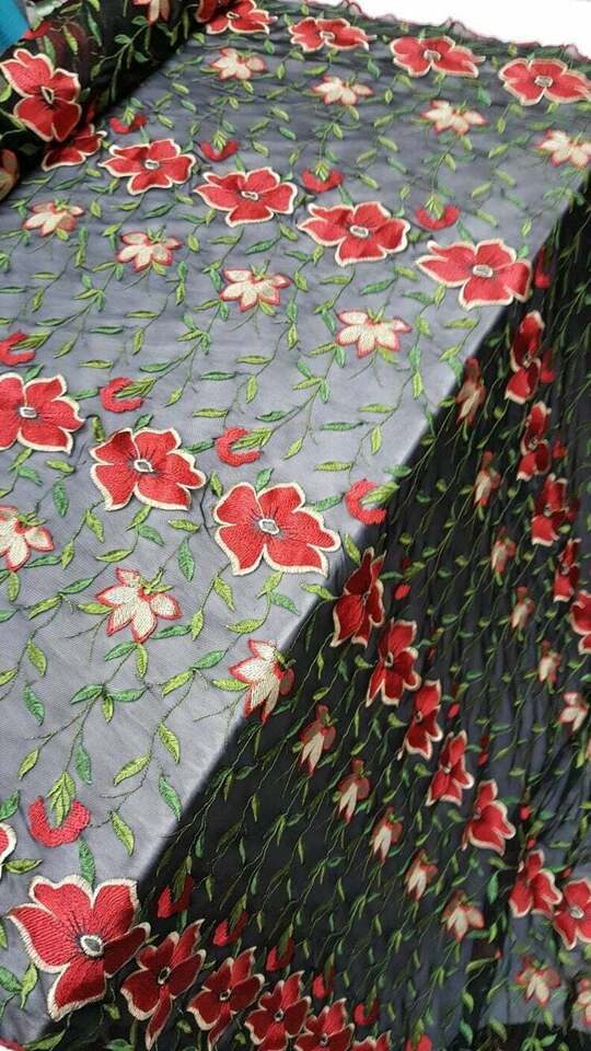Embroidered Floral Lace on Black Stretch Mesh