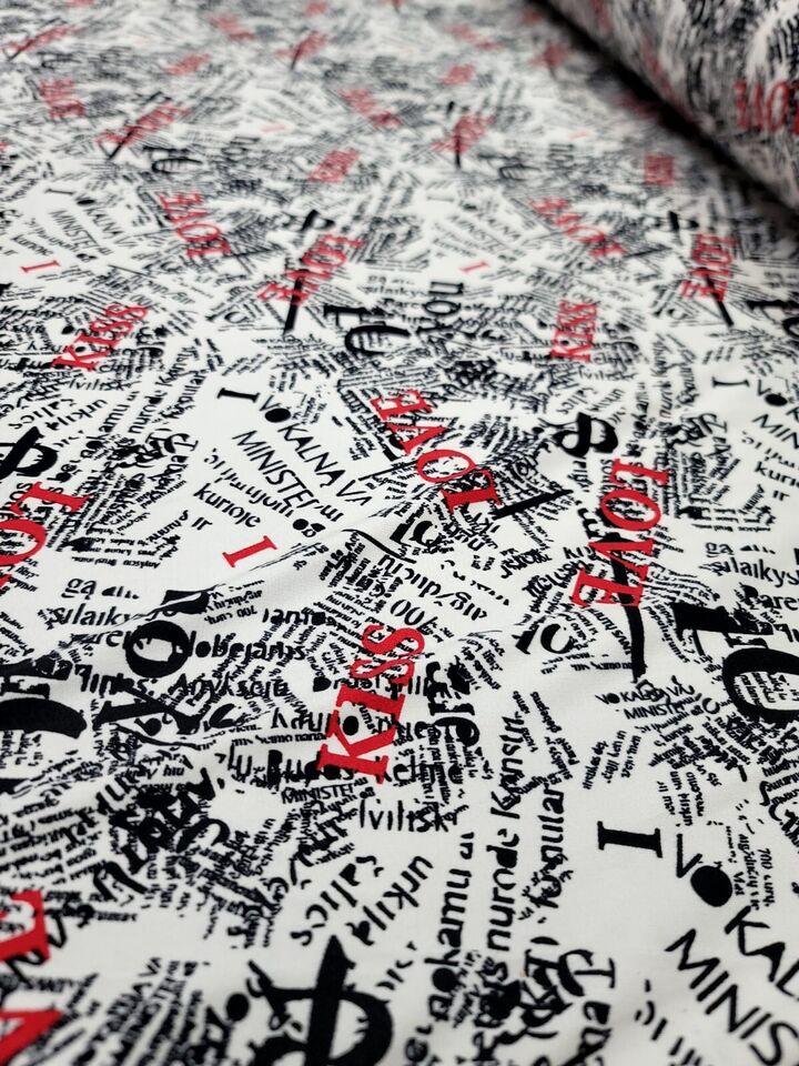 Rayon Jersey Spandex Knit Fabric - Newspaper Love Kiss Print