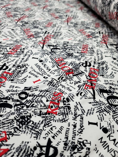 Rayon Jersey Spandex Knit Fabric - Newspaper Love Kiss Print