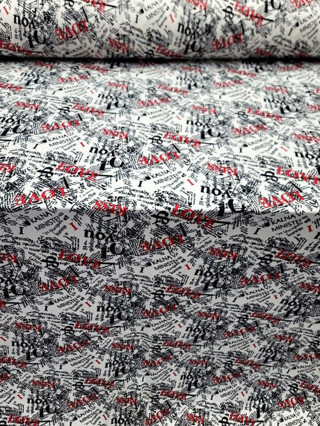 Rayon Jersey Spandex Knit Fabric - Newspaper Love Kiss Print