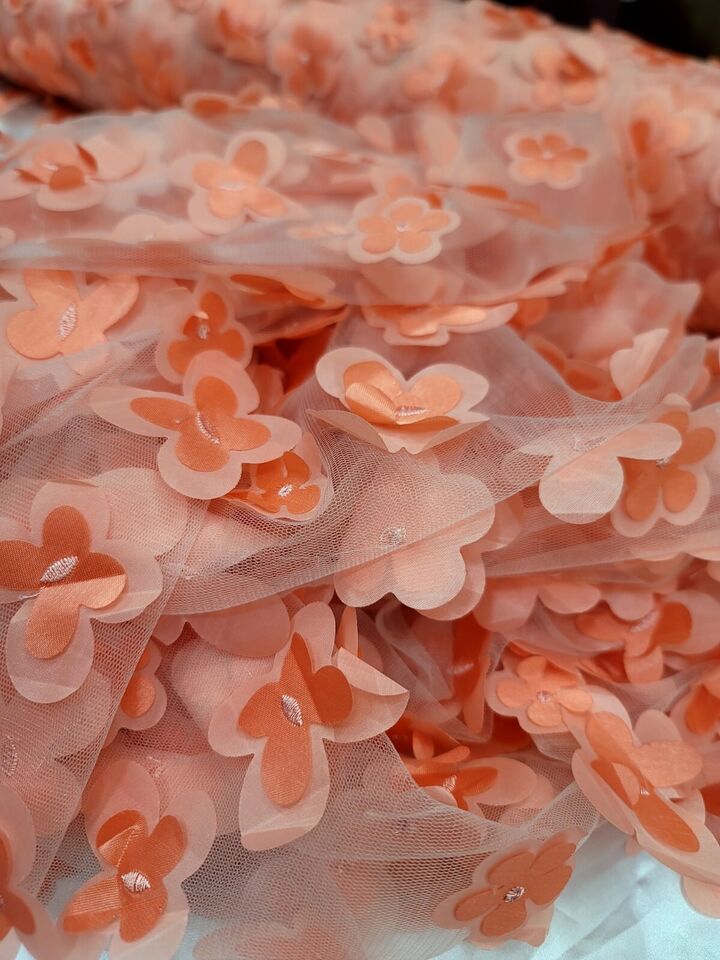 3D Floral Lace Fabric Coral with Butterflies