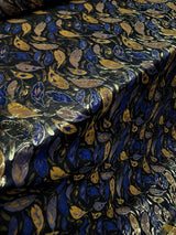 Brocade Jacquard Navy Blue Leaves Gold
