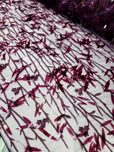 Sequined Floral Lace Embroidery in Eggplant