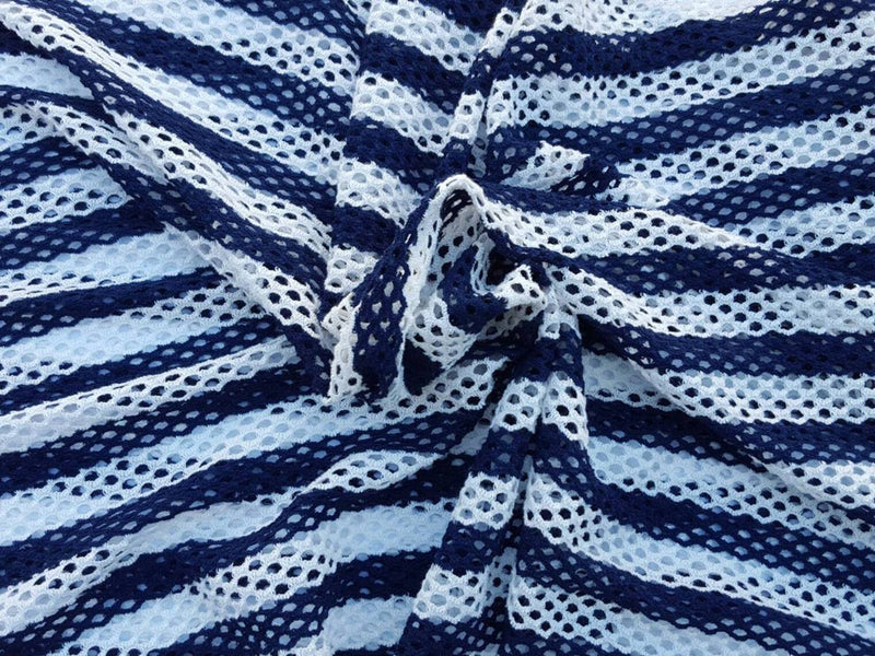 1 Yard Navy White Stripe Cotton Spandex Fishnet Fabric for Tops, Dancewear, and Layered Apparel