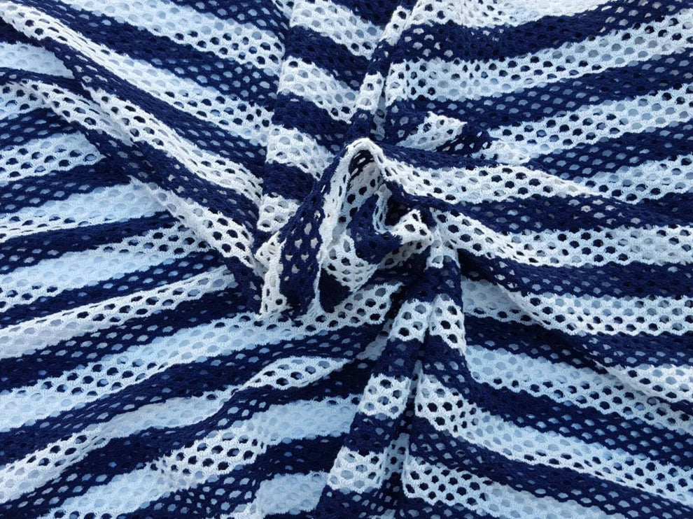 1 Yard Navy White Stripe Cotton Spandex Fishnet Fabric for Tops, Dancewear, and Layered Apparel