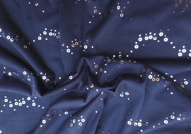 1 Yard Navy Blue Jersey Fabric with Silver Sequins Stretch Knit for Costumes, Dancewear & DIY Fashion