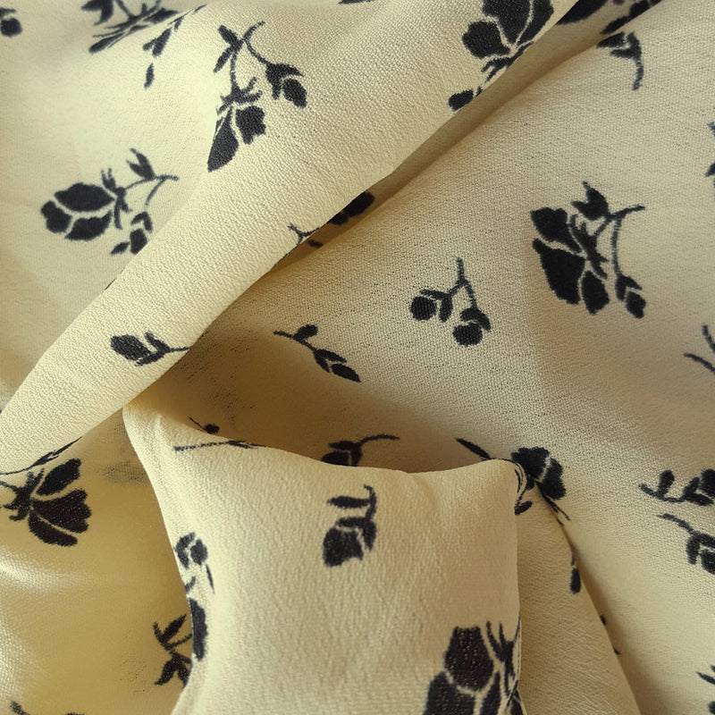 1 Yard Ivory Rayon Crepe Fabric With Black Floral Print Lightweight Drapey Material For Blouses