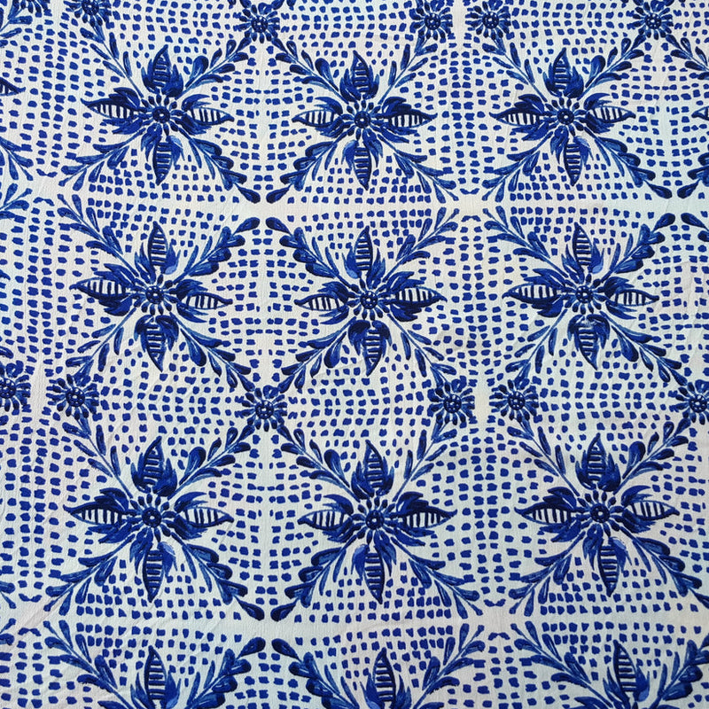 1 Yard Rayon Crinkle Fabric With Blue Floral Print On White Lightweight Material For Dresses