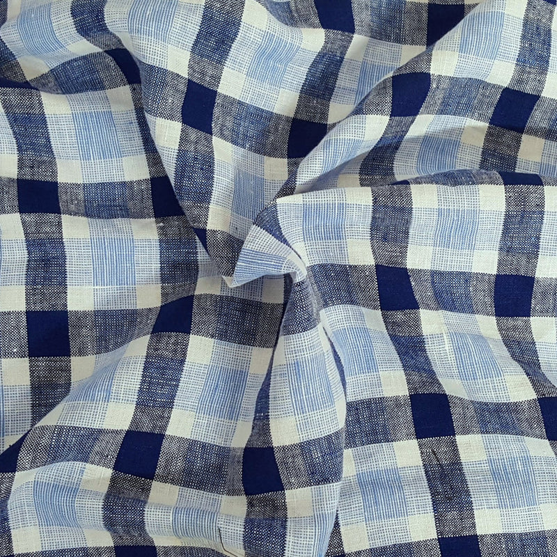 1 Yard Blue White Medium Gingham Woven Linen Fabric Yarn Dye 58 Inch Width