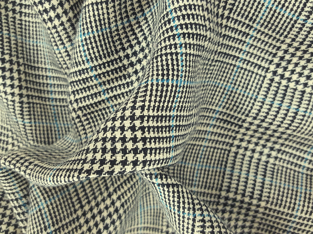 Linen Houndstooth Plaid Black Ivory Blue