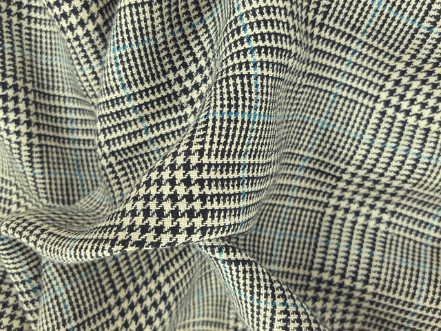 Linen Houndstooth Plaid Black Ivory Blue