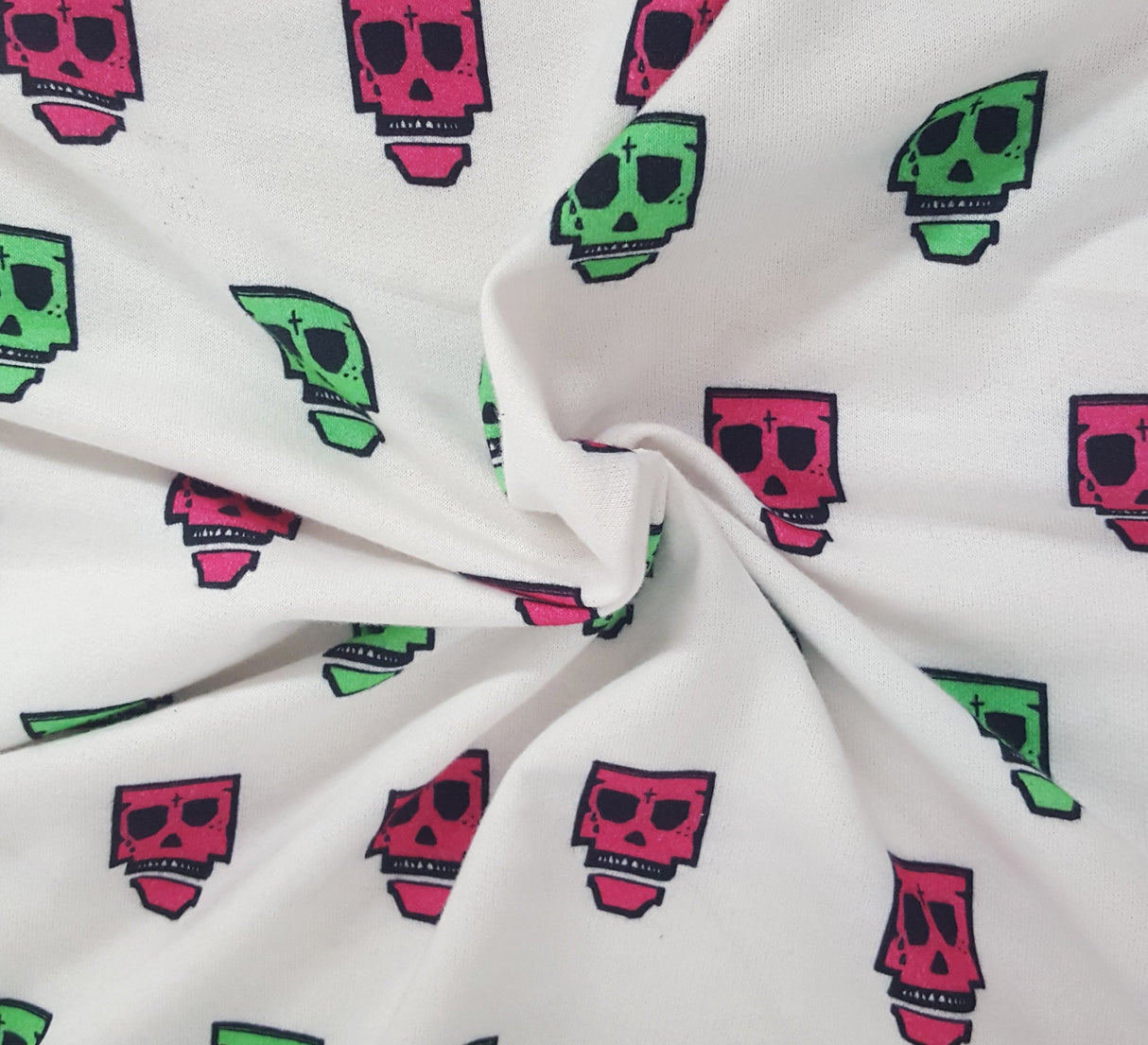 Printed Cotton French Terry Knit Green Pink Skulls