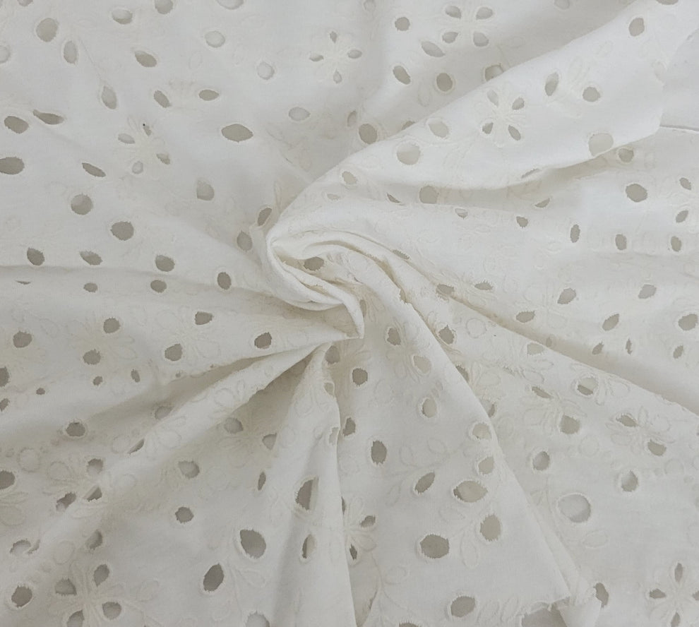 1 Yard White Eyelet Cotton Jersey Knit Fabric 150 GSM for Lightweight Tops, Babywear, and Sewing Projects