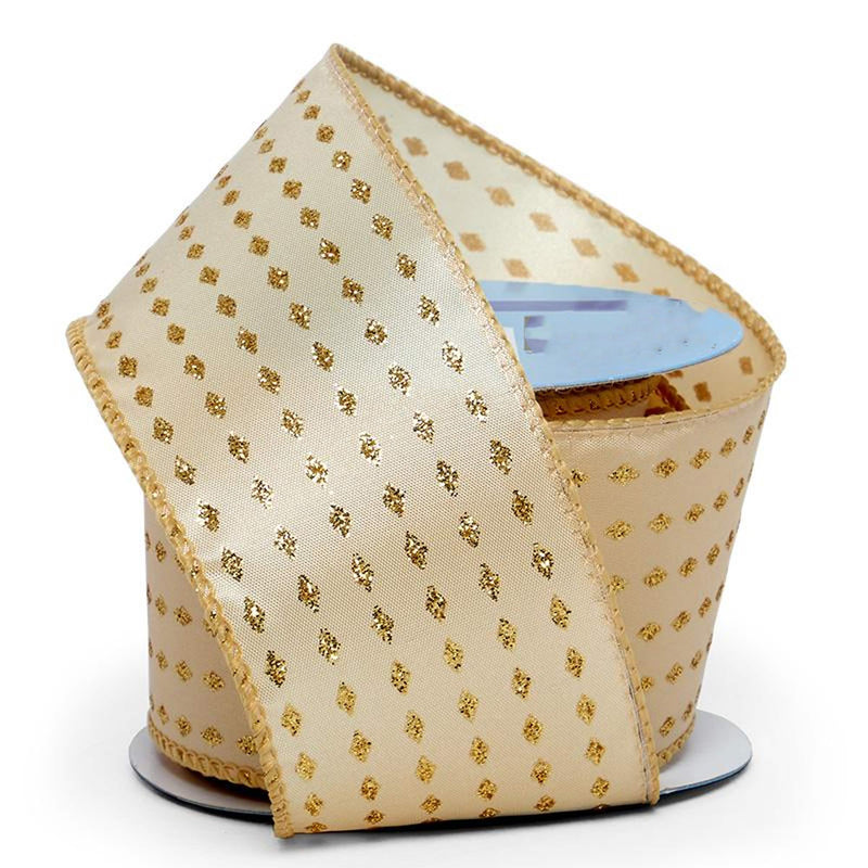 Mini Glitter Diamonds On Satin Wired Ribbon 2 1/2 '' X 10 yd Gold Color 1 / roll