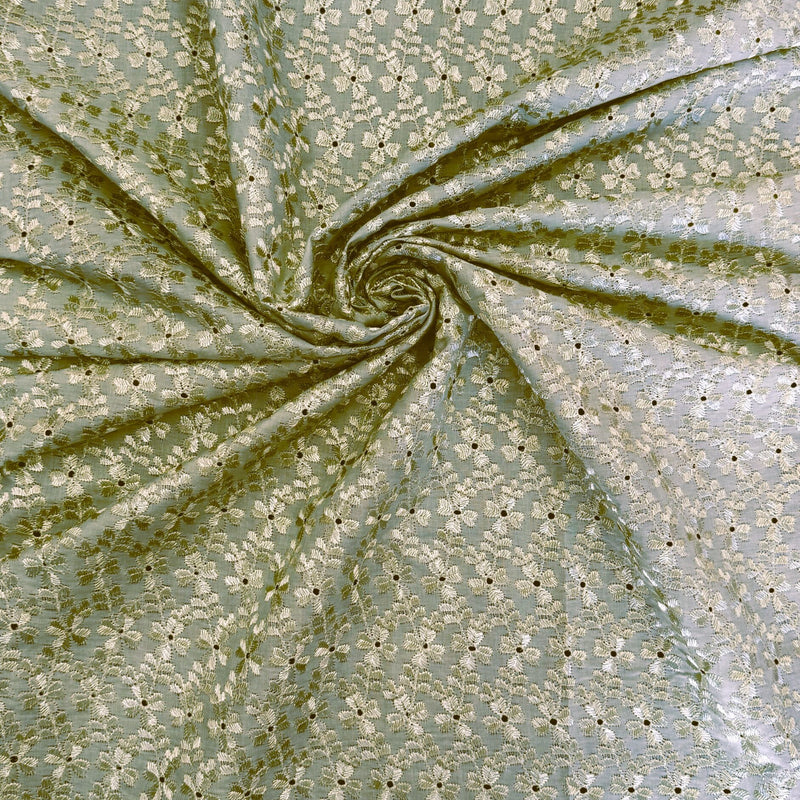 Heavy Eyelet Sage Polyester Cotton Fabric - Sage Floral Embroidery, 41"- 42" Width