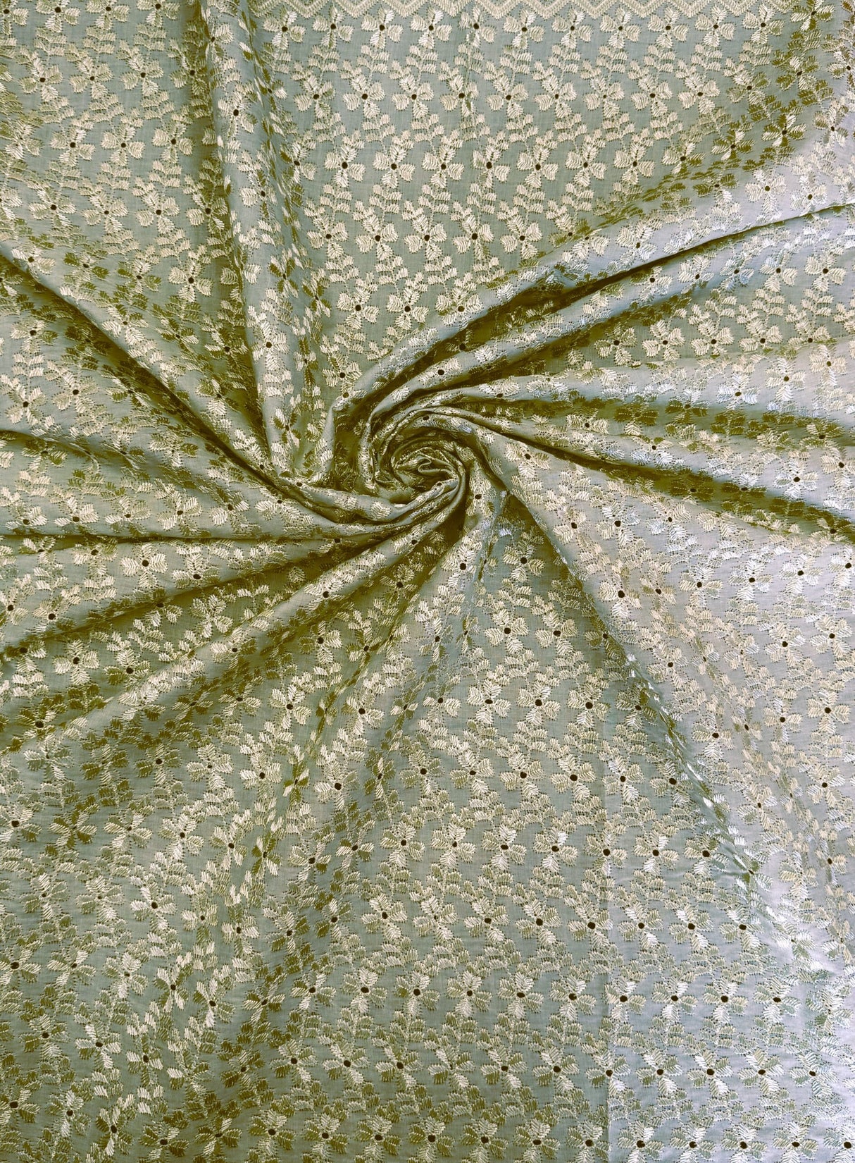 Heavy Eyelet Sage Polyester Cotton Fabric - Sage Floral Embroidery, 41"- 42" Width