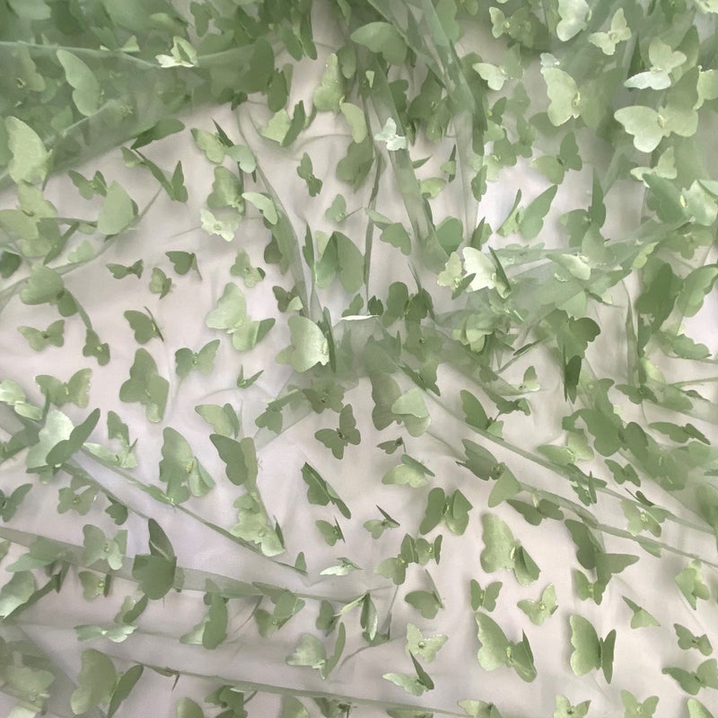1 Yard Sage Green 3D Butterfly Stretch Mesh Fabric with Satin Appliqués for Dresses and Crafts 54 Inch Wide