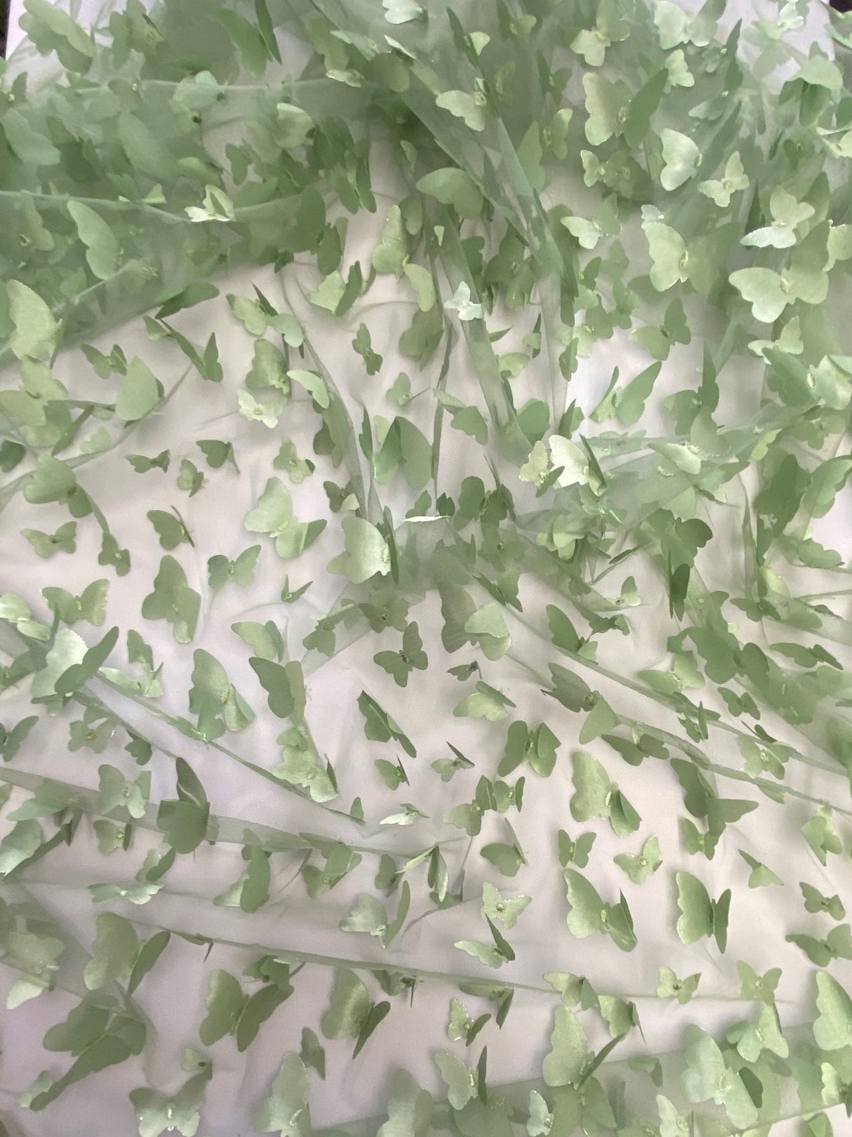 3D Butterflies Sage Polyester Mesh Fabric - Light Weight Satin Butterflies, Sage, 54" Width (1 Yard)