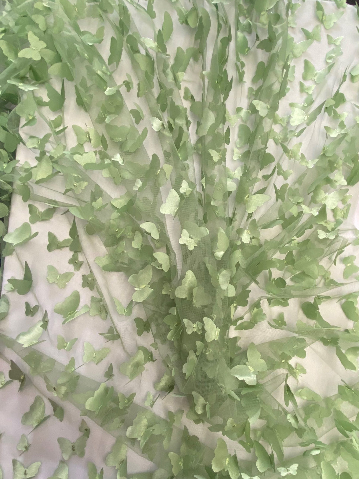 3D Butterflies Sage Polyester Mesh Fabric - Light Weight Satin Butterflies, Sage, 54" Width (1 Yard)