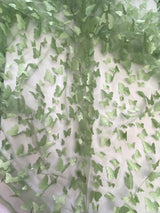 3D Butterflies Sage Polyester Mesh Fabric - Light Weight Satin Butterflies, Sage, 54" Width (1 Yard)