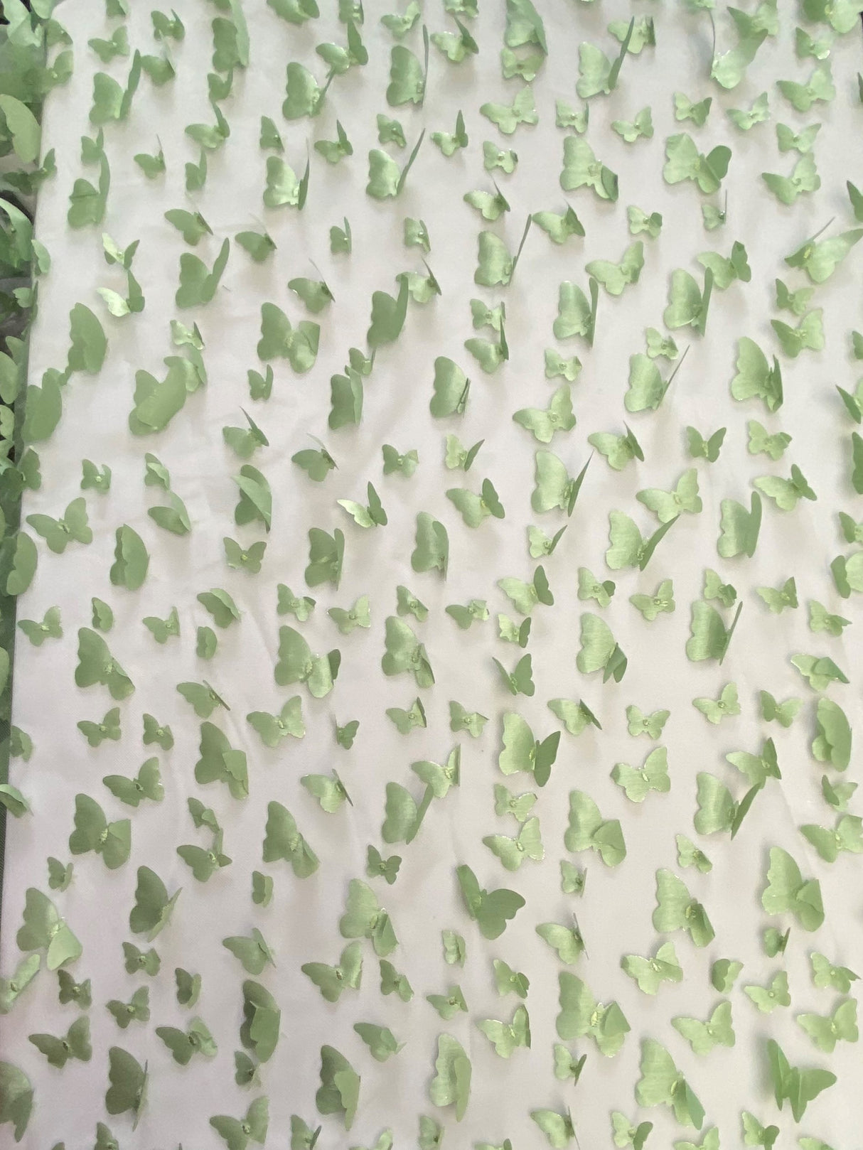 3D Butterflies Sage Polyester Mesh Fabric - Light Weight Satin Butterflies, Sage, 54" Width (1 Yard)